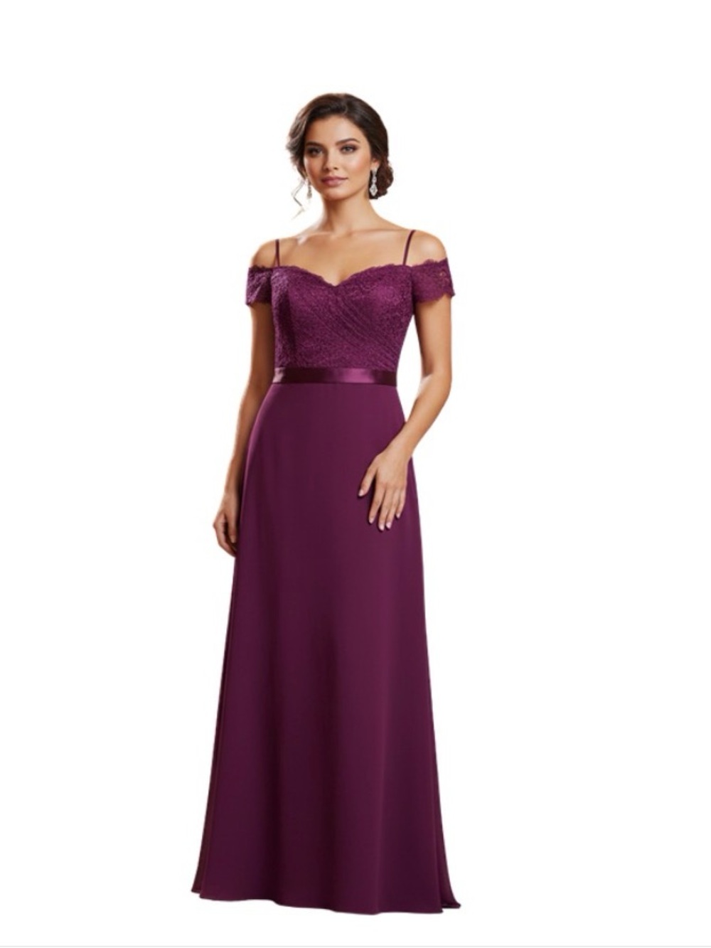 DaVinci One-Shoulder Lace Bodice Evening Gown in Plum